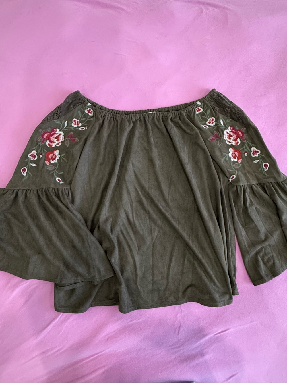 Umgee Olive Off-Shoulder Embroidered Bell Sleeve Tunic
